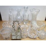 A quantity of cut glass and crystal to include a c1930s cut glass bowl, various decanters,