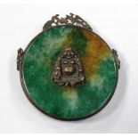 A c1860 Chinese green jade with russet inclusions set with Buddha figures held within a white and