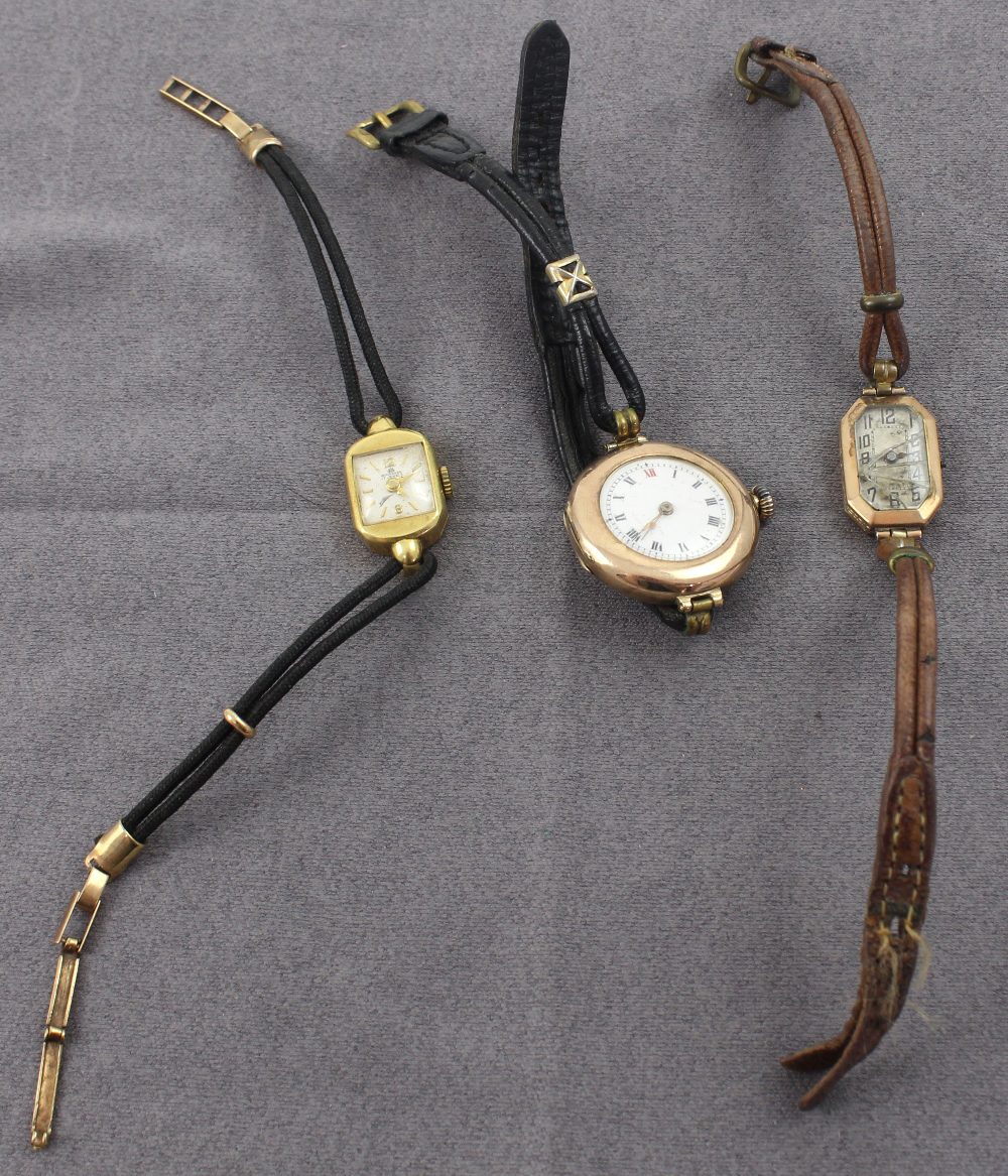 Three ladies' wristwatches to include a 9ct rose gold example with white enamel dial set with Roman