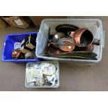 A quantity of metalware to include Eastern trays, copper pot etc.