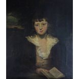 AFTER SIR JOSHUA REYNOLDS; oil on canvas, portrait of a young boy reading a book, with landscape