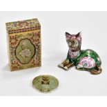 A cloisonne enamel rectangular playing card box and cover, an enamel decorated cat and a fish