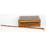 A Victorian rosewood, satin walnut banded and brass inlaid writing slope, also a walking stick