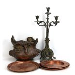 A modern Art Nouveau candelabrum, a modern Art Nouveau jardiniere and three copper circular trays (