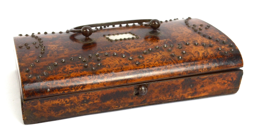 A George III mulberry stud decorated trinket box with hinged lid and simple iron handle, length