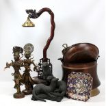 A Chinese hardwood table lamp, height 65cm, an Oriental style nest of three tables (af), two Eastern