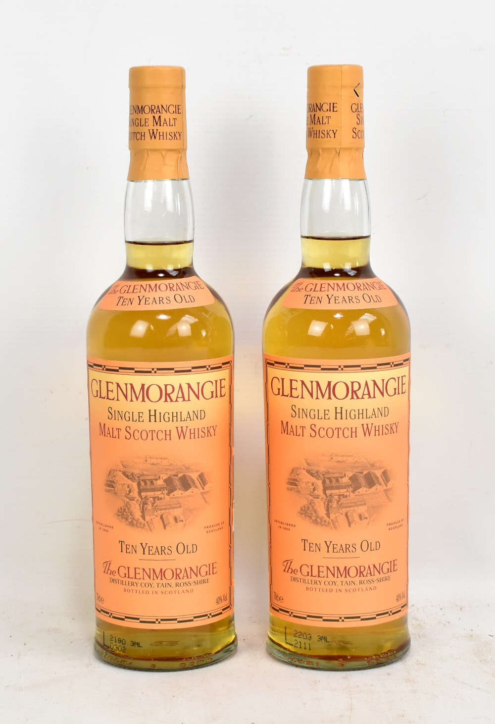 THE GLENMORANGIE; two bottles of 'Ten Years Old' single Highland malt Scotch whisky, 40% 70cl,