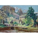 ARTHUR BOWMAR PORTER (1876-1960); oil on artist's board, spring river scene with cottages, signed