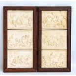 A set of six plaster plaques depicting Bacchanalian figures and putti set in two oak framed, each