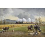GERALD BROOM; pastel, the Great Western Plymouth Express with figures and horses in foreground,