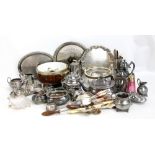 A quantity of electroplated items including coffee pot, sugar bowls, loose flatware, cranberry glass