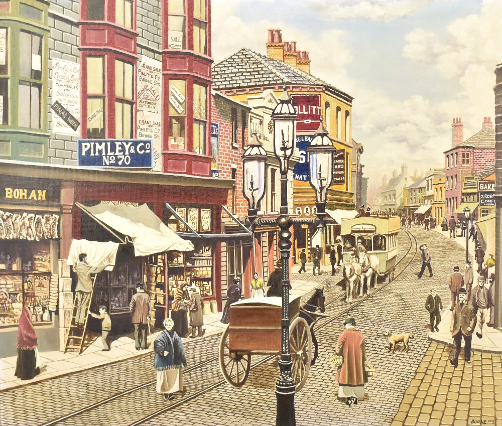 PATRICK BURKE (born 1932); oil on board, Northern street scene with figures and horse drawn carts,