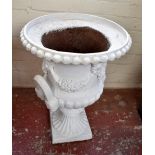 A white painted cast iron urn socle base, height 62cm.