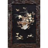 A Japanese Meiji period Shibayama style screen in carved frame, 90 x 55cm, (af).