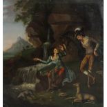 IN THE 18TH CENTURY ENGLISH SCHOOL MANNER; oil on card, landscape with figures and dogs in