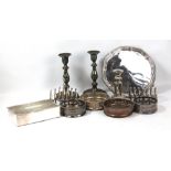 A small quantity of silver plate including bottle coasters, toast racks, candlesticks etc.