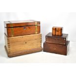 A Victorian walnut writing slope, a rustic pine box, a mahogany writing slope, a rosewood