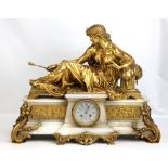 A monumental late nineteenth century French alabaster and ormolu mounted mantel clock with seated