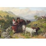 ISAAC HENZELL (1815-1876); oil on canvas, 'Going to Pasture', a young woman leading two horses and