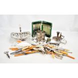 A quantity of electroplated items to include a cased set of fish knives and forks, a cigarette