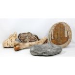 Five fossils and geological samples including large geode with ammonites, length 36cm, a bone and