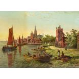 A chromolithograph depicting a Continental riverside scene with figures landing boat to foreground