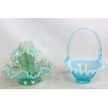 FENTON; a light blue opalescent glass epergne with three horns and shaped circular bowl with crimped