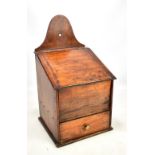 A 19th century oak candle box with shaped back and single drawer, height 48cm.