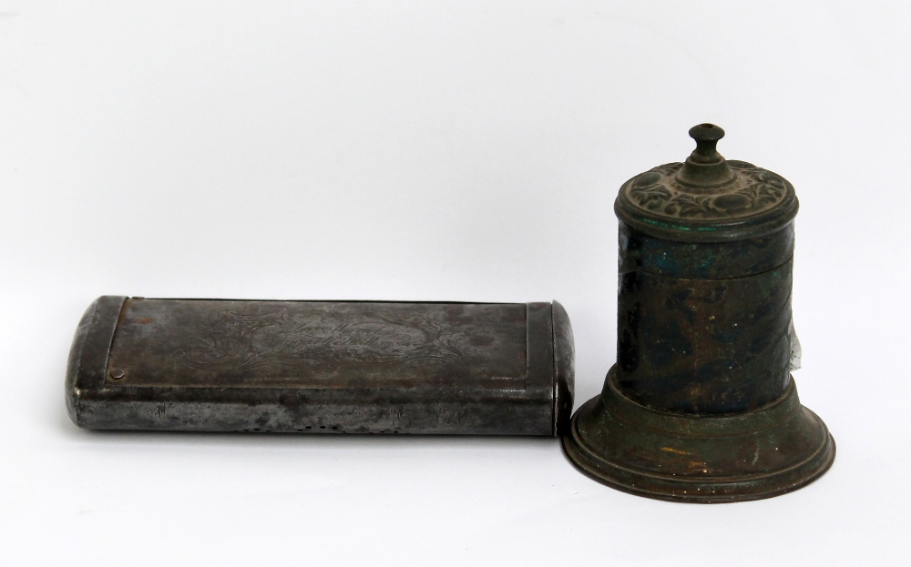 A mid-18th century tin charcoal hand warmer, inscribed 'JN.O Wood Baggarlee Mill 1754', also a