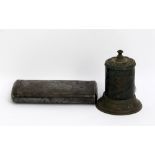 A mid-18th century tin charcoal hand warmer, inscribed 'JN.O Wood Baggarlee Mill 1754', also a