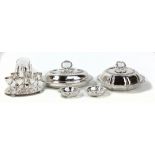 Two silver-plated entrée dishes, a pair of pierced bonbon dishes and a six division egg stand with