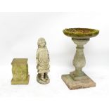 A reconstituted figure of a young girl, an associated pedestal and a bird bath on stand (3).
