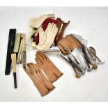 A mixed lot of collectors' items including bone and paper fans, lady's leather gloves and vintage