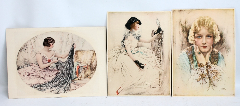 JAMES BACON & SONS; three studies of ladies printed on silk, loose (3).