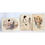 JAMES BACON & SONS; three studies of ladies printed on silk, loose (3).