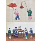 A 19th century Chinese gouache on silk depicting attendants beside a table with seated figure in