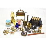 A collection of various miniatures to include a brass mangle, a coffee grinder, an iron stand, a