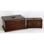 An Edwardian mahogany and inlaid three division tea caddy raised on four bracket feet (af) and a