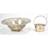 WMF; a small electroplated foliate motif basket with fixed handle and clear glass liner, height