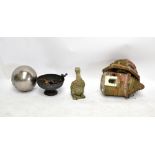 A ornamental garden wall mounted bird house and a model of a duck, a bowl and a silvered ball (4).