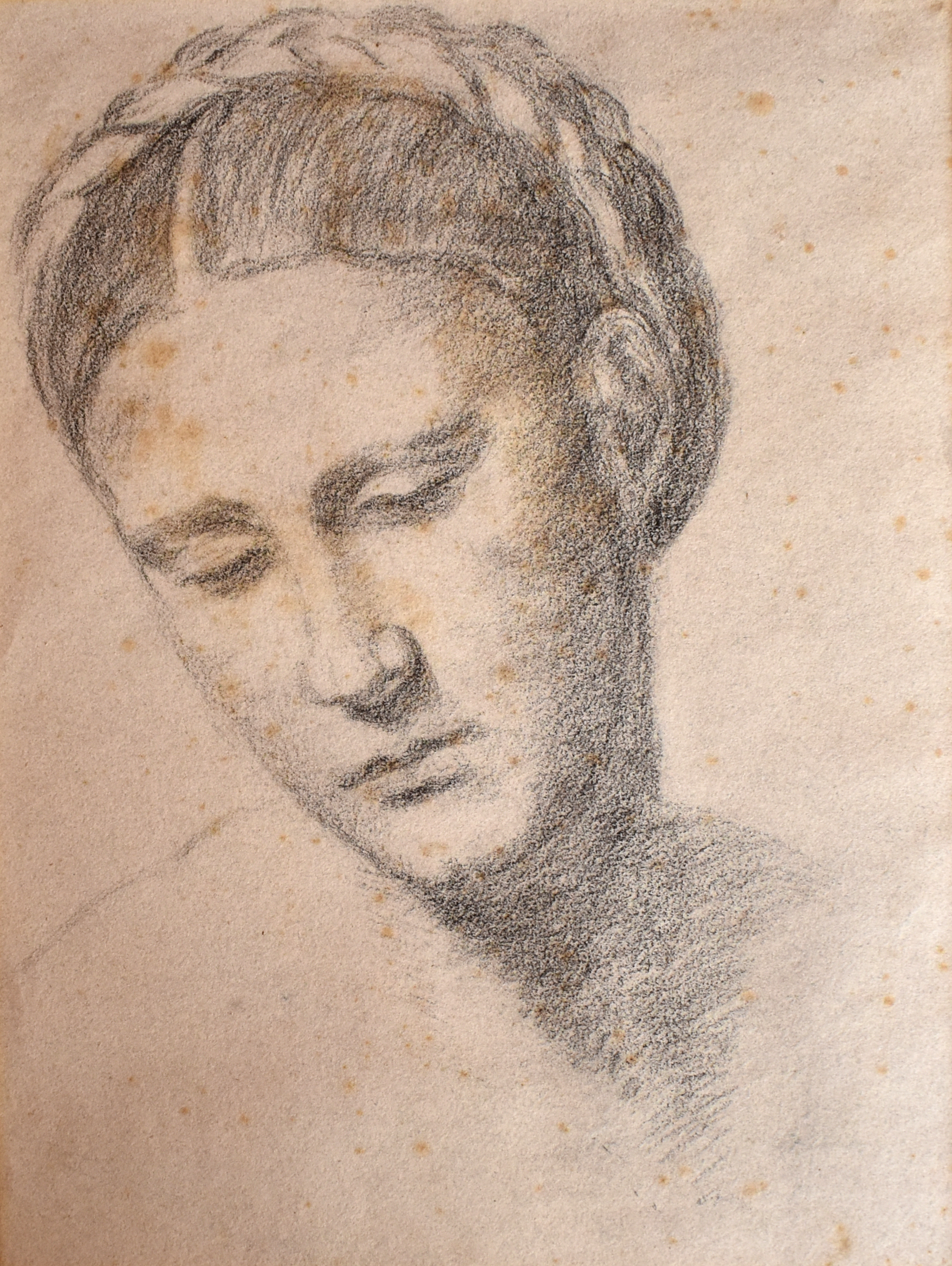 UNATTRIBUTED; charcoal sketch, study of a young woman, unsigned with applied plaque inscribed '