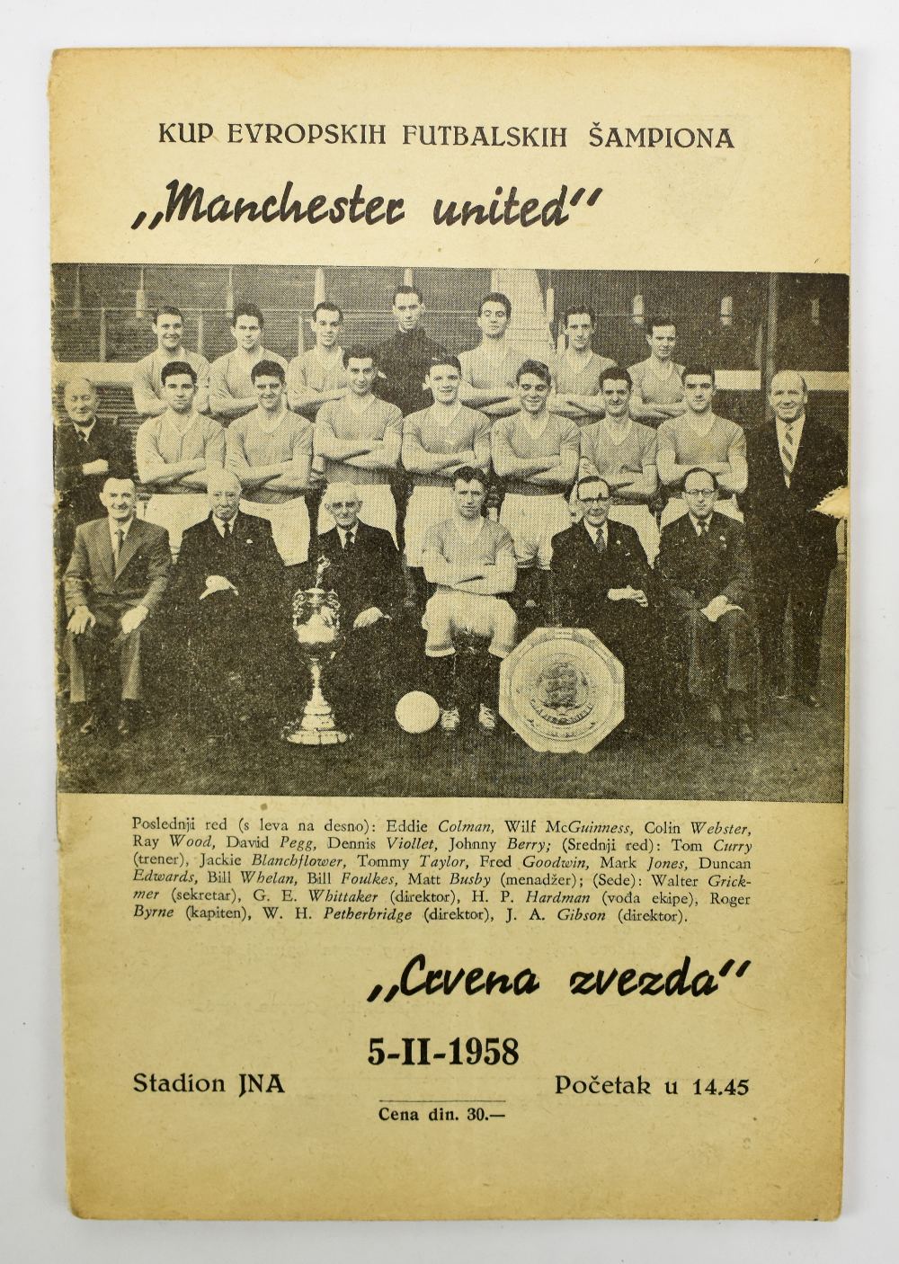 RED STAR BELGRADE VS MANCHESTER UNITED; a rare football programme from the 5th February 1958