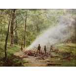 UNATTRIBUTED; oil on cardboard, 'The Charcoal Burners', figural woodland scene, titled and with