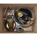 A mixed group of copper and brass to include a coal bucket, fire tools, and two twin handled vase,