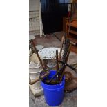 A quantity of treen and tools including a bread paddle, anchor, bow saw, brace etc.