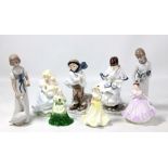 COALPORT; six ceramic figures including 'Visiting Day', 'The Boy', 'The Goose Girl', and two Casades