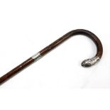 A walking cane with white metal mount to handle (af) and hallmarked silver collar, Birmingham