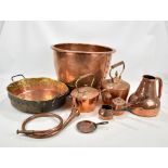 A quantity of copper including a large riveted copper copper, kettle, twin handled pan etc.