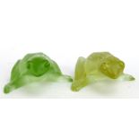 LALIQUE; two pale green / pale yellow tinted models of frogs, both with etched signatures to base