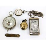 A small group of collectors' items comprising a silver cased lady's fob watch on white metal chain